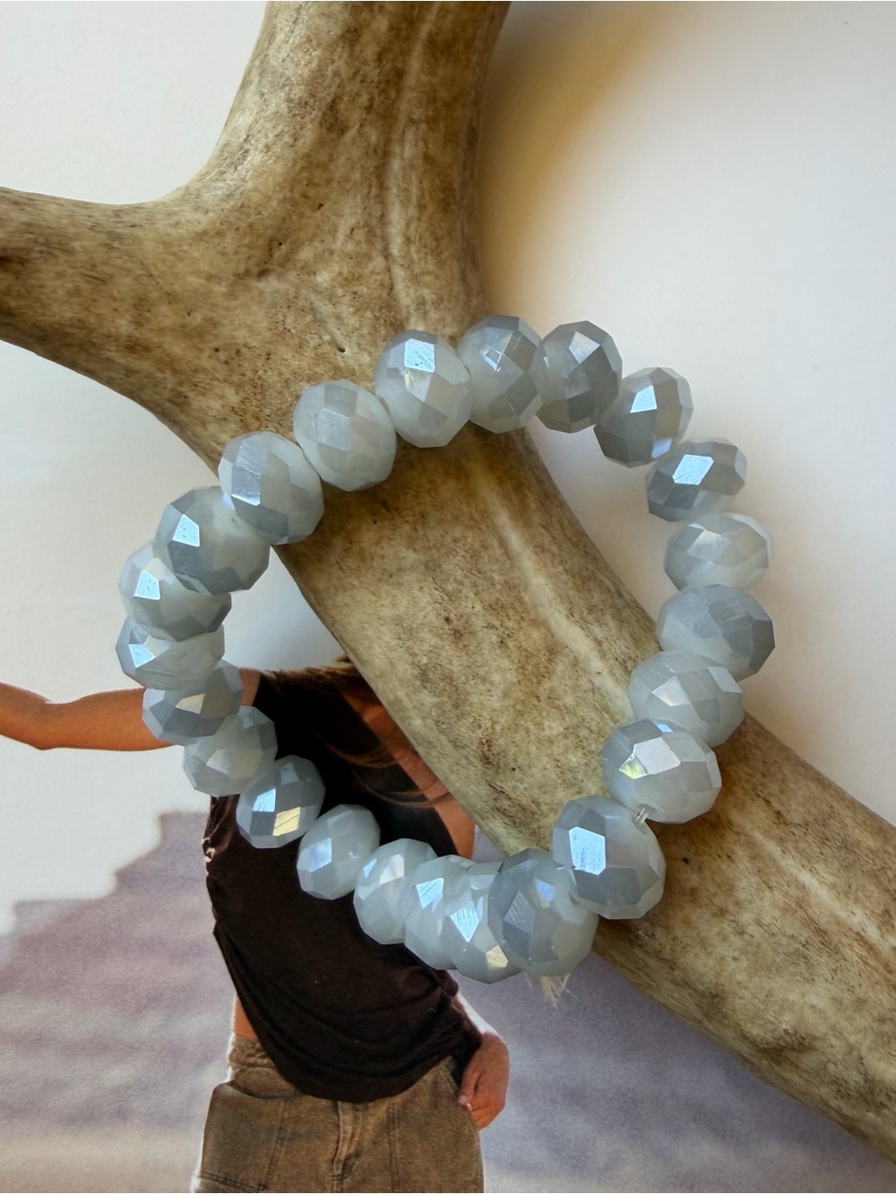 Silver Grey Blue Faceted Crystal Beaded Stretch Bracelet Sparkly Boho